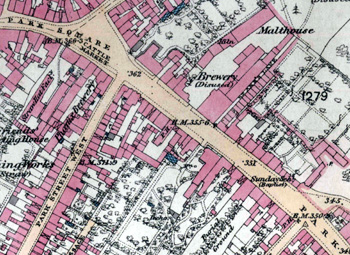 Burrs', now disused, brewery shown on an Ordnance Survey map of 1880